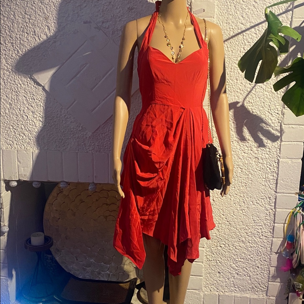 Alexander McQueen Red Asymmetrical Halter Dress with sweetheart neckline